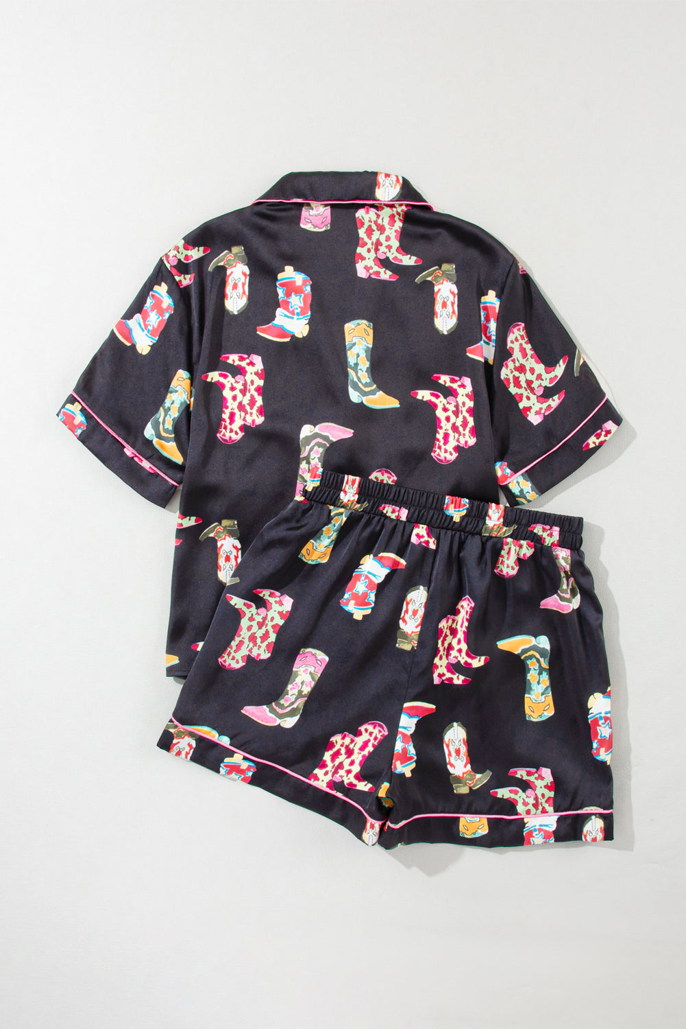 Black Boots Print Button-up Shirt and Shorts Pajama Set - MAD RUFFI