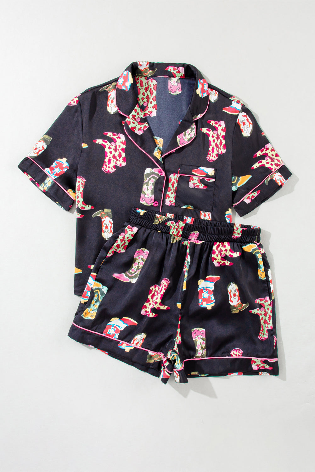 Black Boots Print Button-up Shirt and Shorts Pajama Set - MAD RUFFI