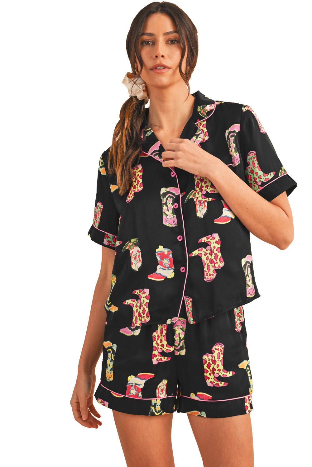 Black Boots Print Button-up Shirt and Shorts Pajama Set - MAD RUFFI