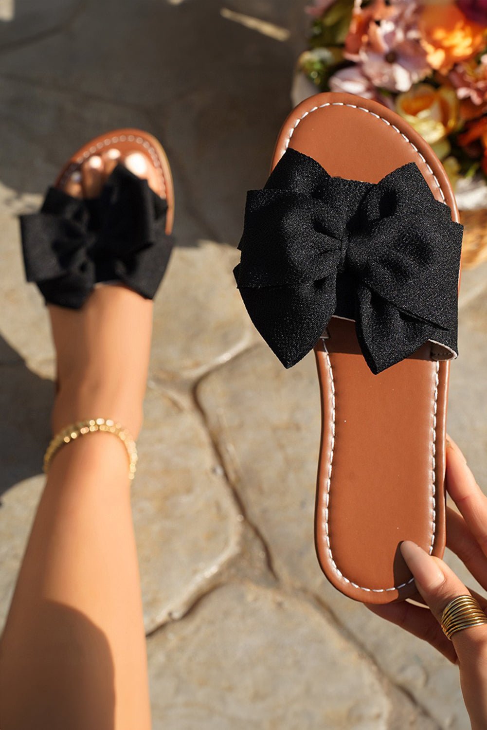 Black Bow Decor Summer Flat Slippers - MAD RUFFI