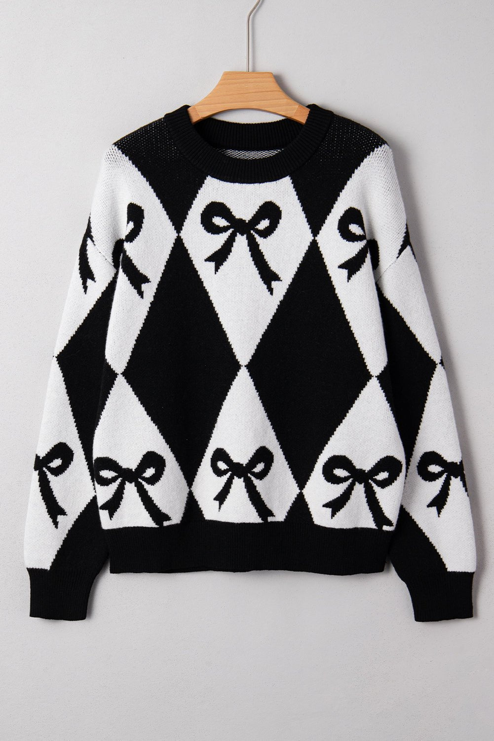 Black Bow Pattern 2 - tone Rhombus Knit Loose Sweater - MAD RUFFI