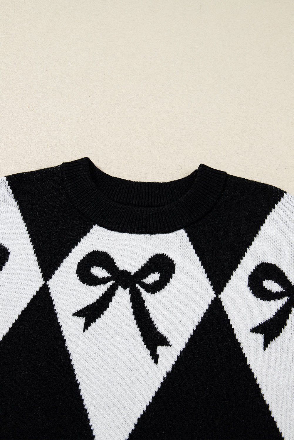 Black Bow Pattern 2 - tone Rhombus Knit Loose Sweater - MAD RUFFI