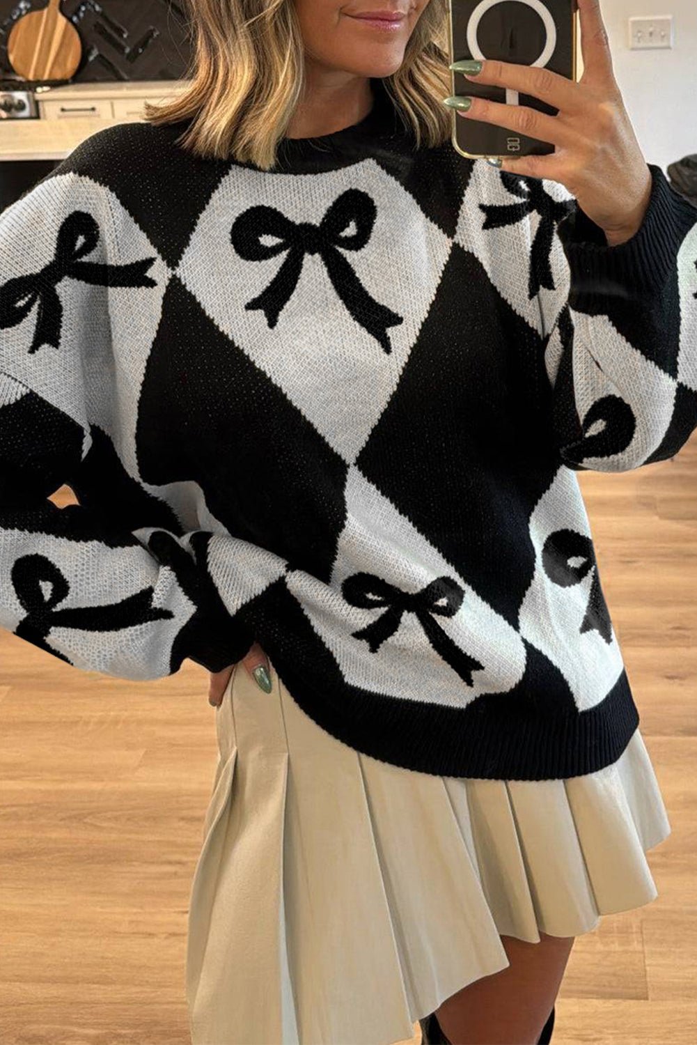 Black Bow Pattern 2 - tone Rhombus Knit Loose Sweater - MAD RUFFI