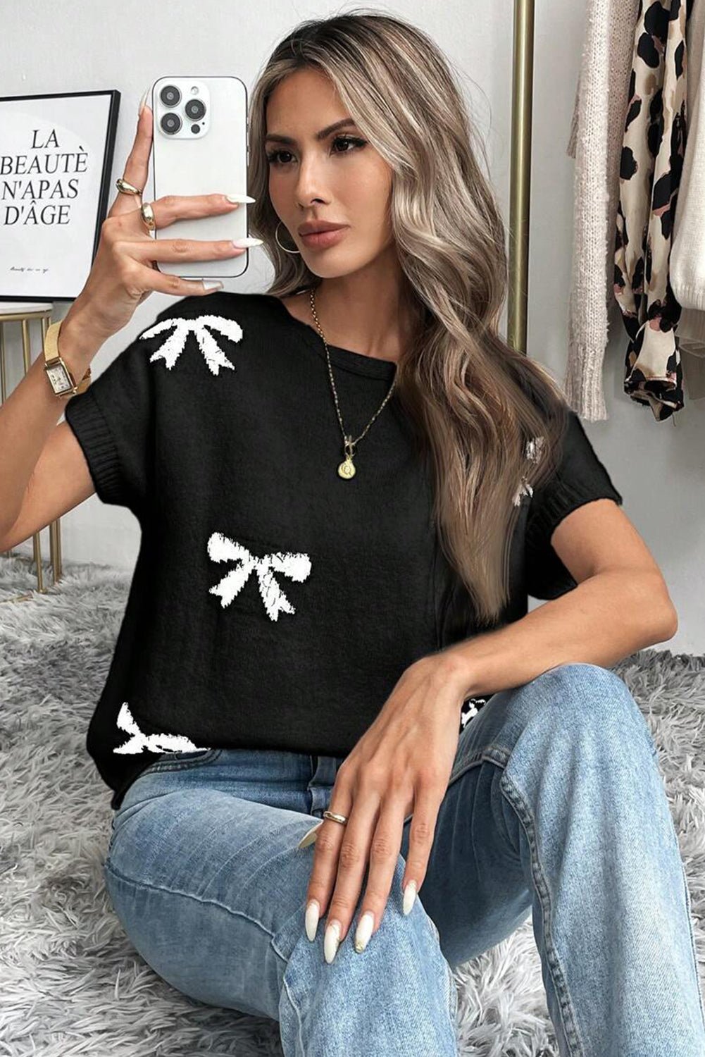 Black Bow Pattern Short Sleeve Knit Top - MAD RUFFI