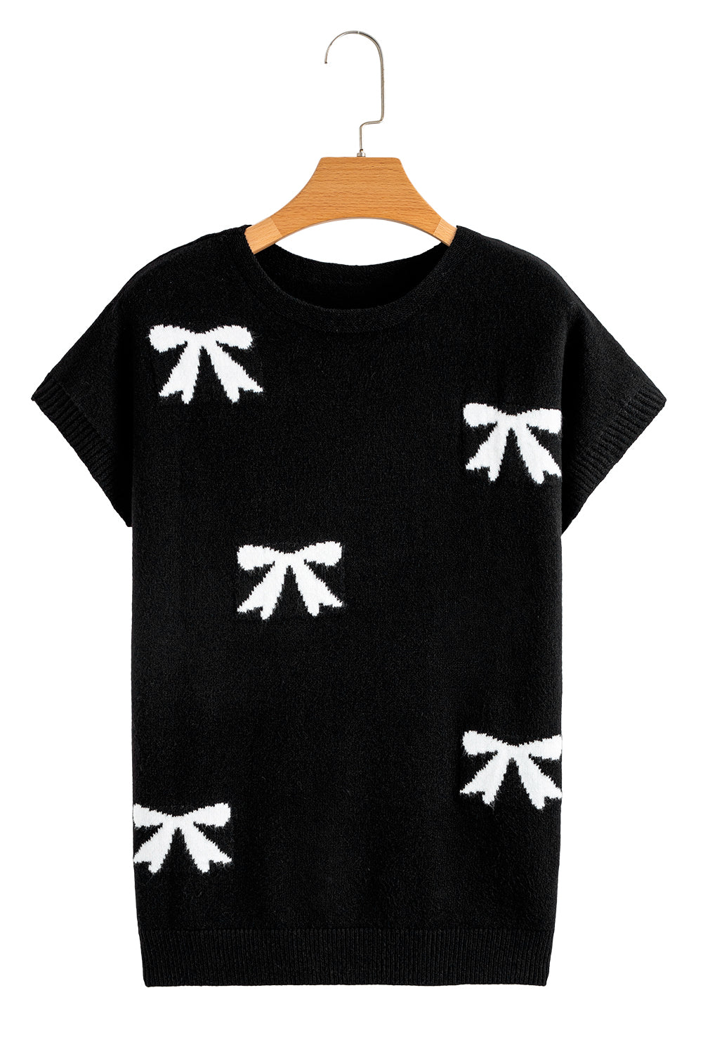 Black Bow Pattern Short Sleeve Knit Top - MAD RUFFI