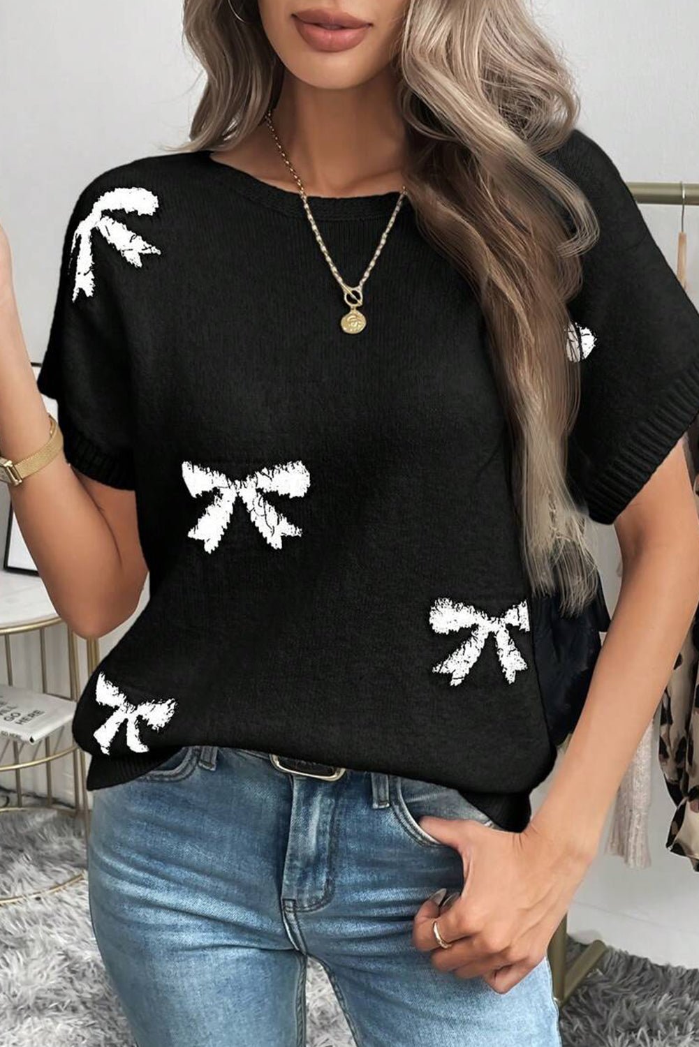 Black Bow Pattern Short Sleeve Knit Top - MAD RUFFI
