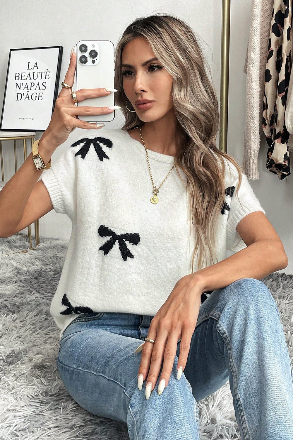 Black Bow Pattern Short Sleeve Knit Top - MAD RUFFI