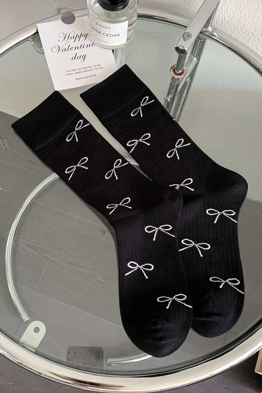 Black Bow Print Ribbed Crew Socks - MAD RUFFI