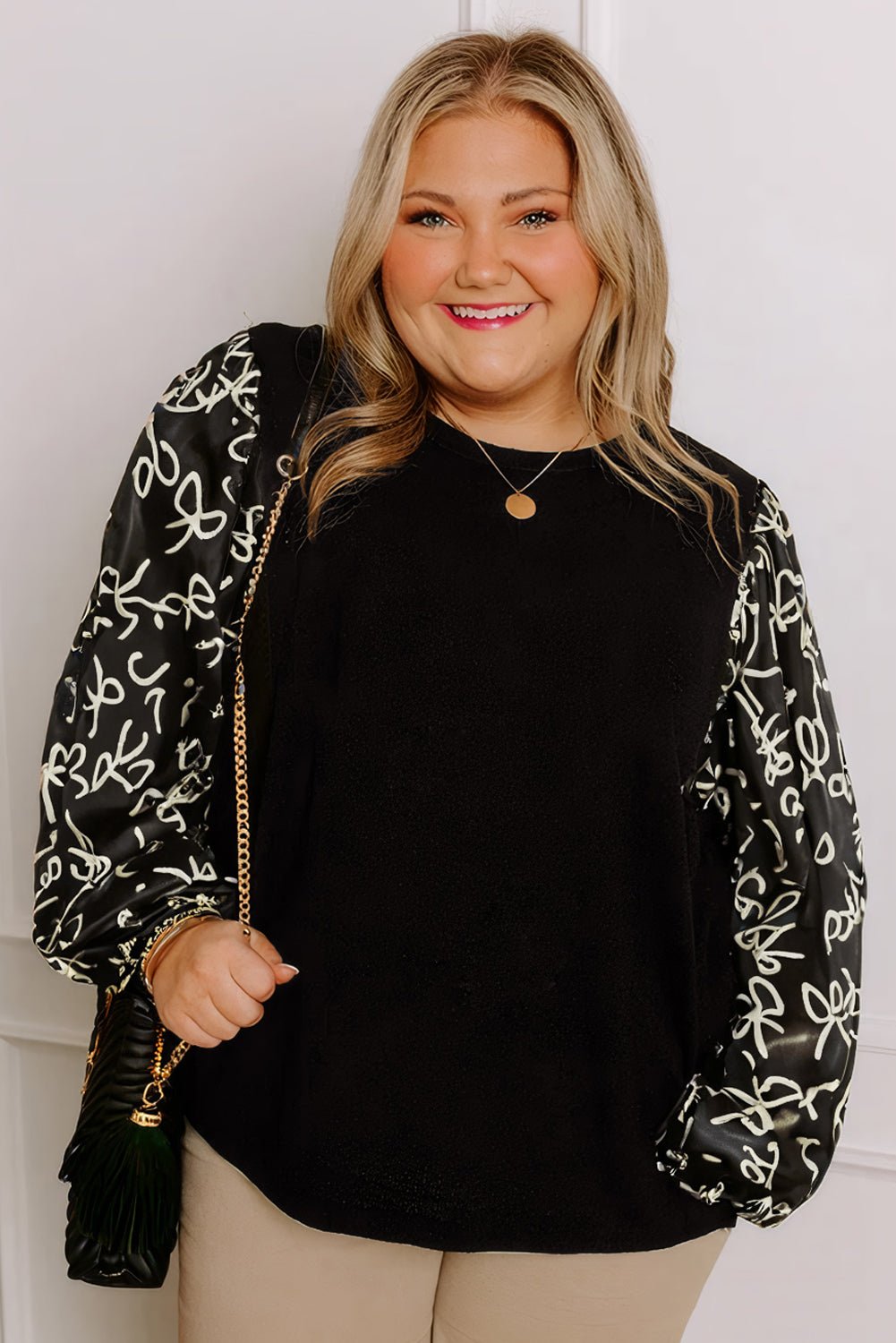Black Bow Print Sleeve Patchwork Plus Size Blouse - MAD RUFFI