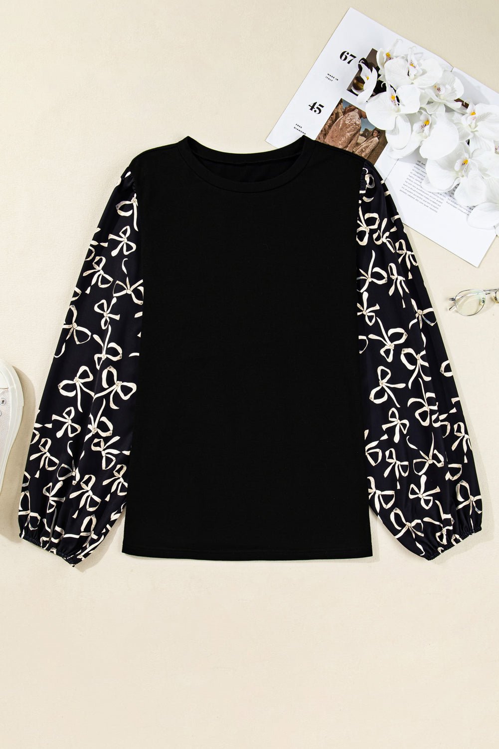Black Bow Print Sleeve Patchwork Plus Size Blouse - MAD RUFFI