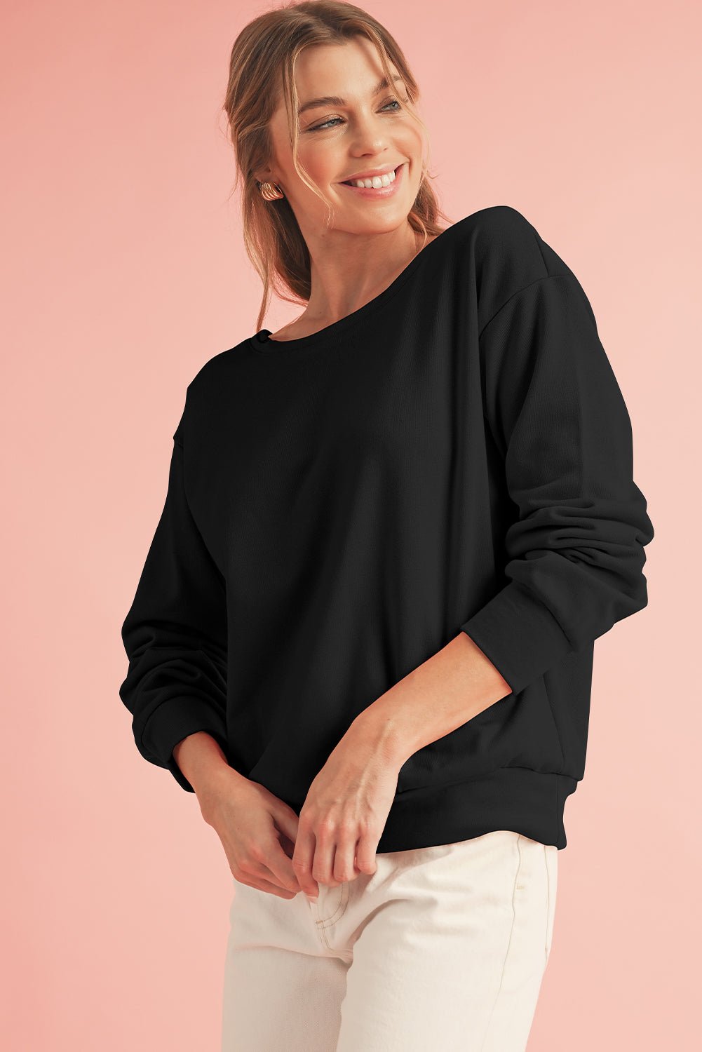Black Bowknot Plain Round Neck Sweatshirt - MAD RUFFI