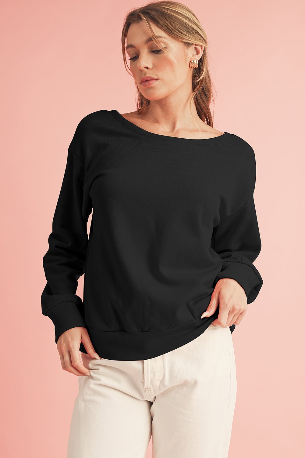 Black Bowknot Plain Round Neck Sweatshirt - MAD RUFFI