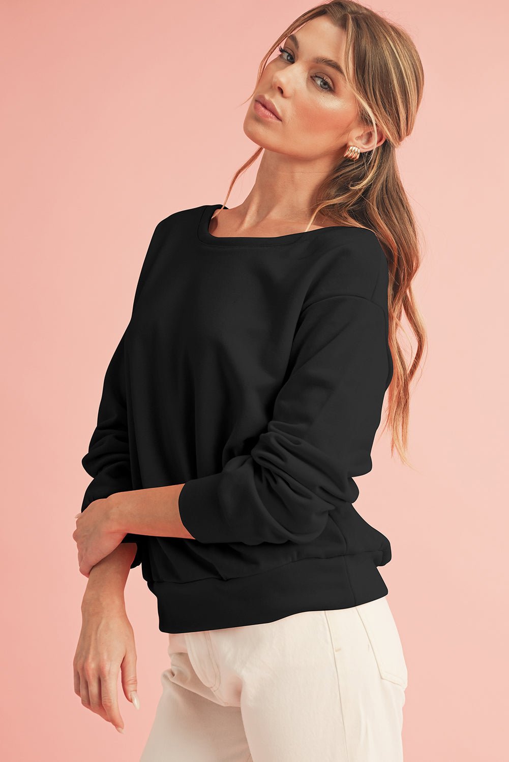 Black Bowknot Plain Round Neck Sweatshirt - MAD RUFFI