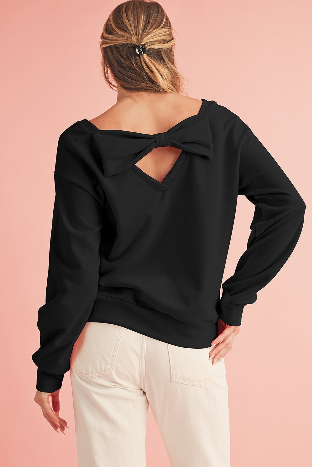 Black Bowknot Plain Round Neck Sweatshirt - MAD RUFFI