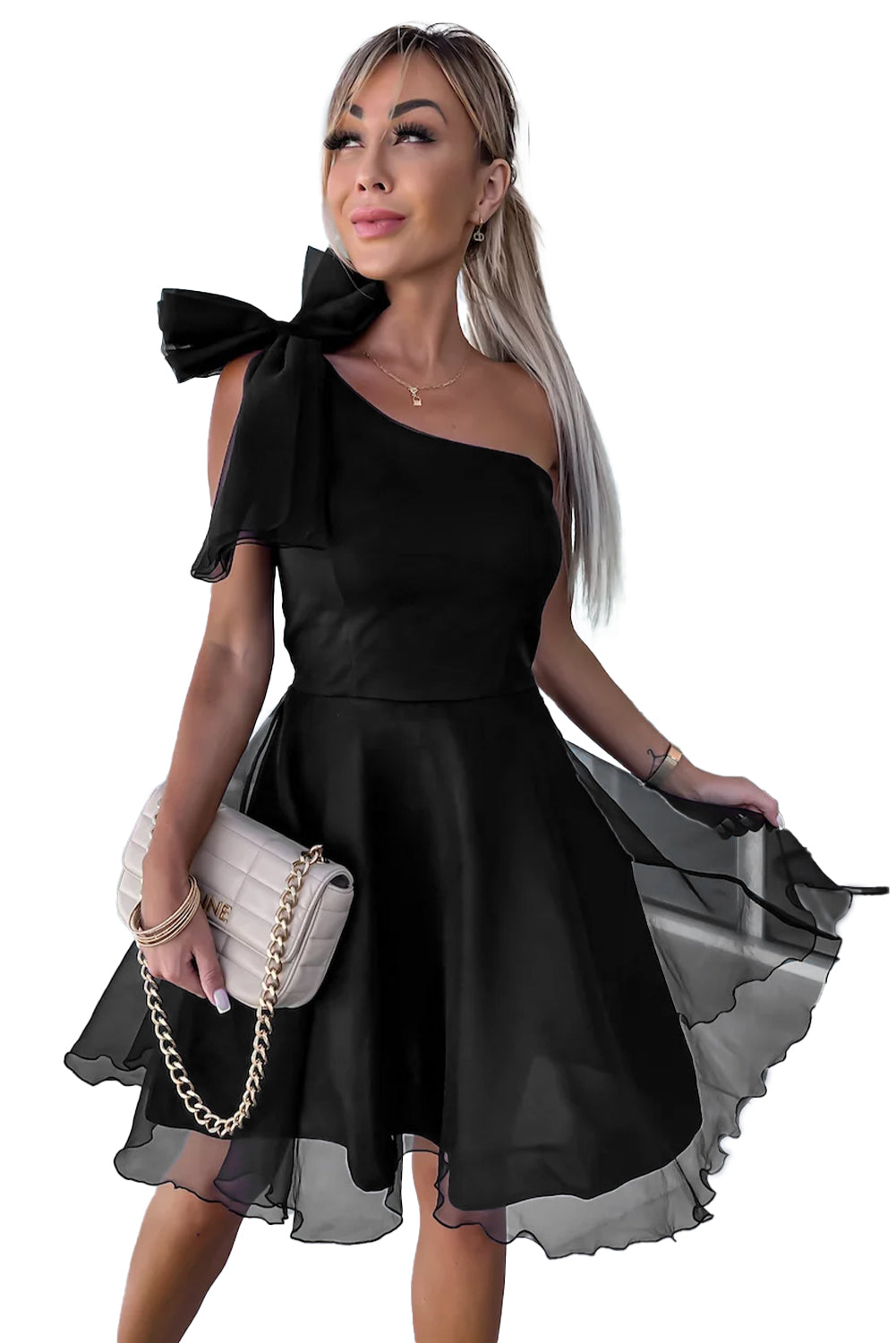 Black Bowtie One Shoulder Tulle Overlay Skater Dress - MAD RUFFI