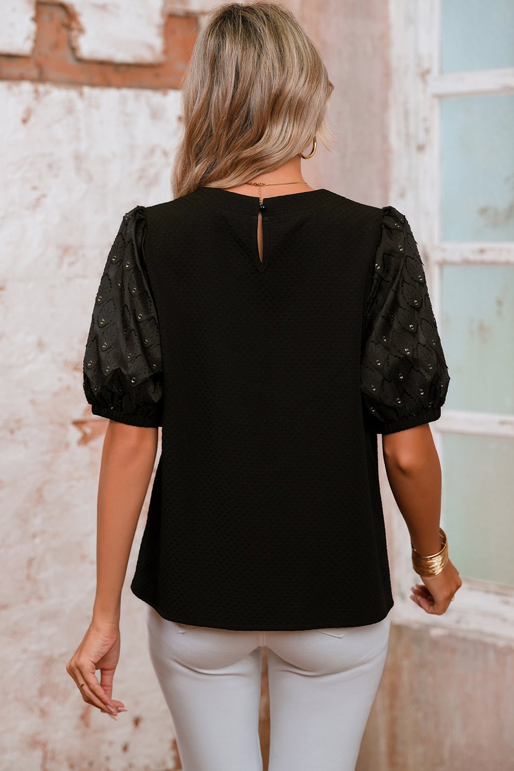 Black Bubble Sleeve Patchwork Textured Top - MAD RUFFI
