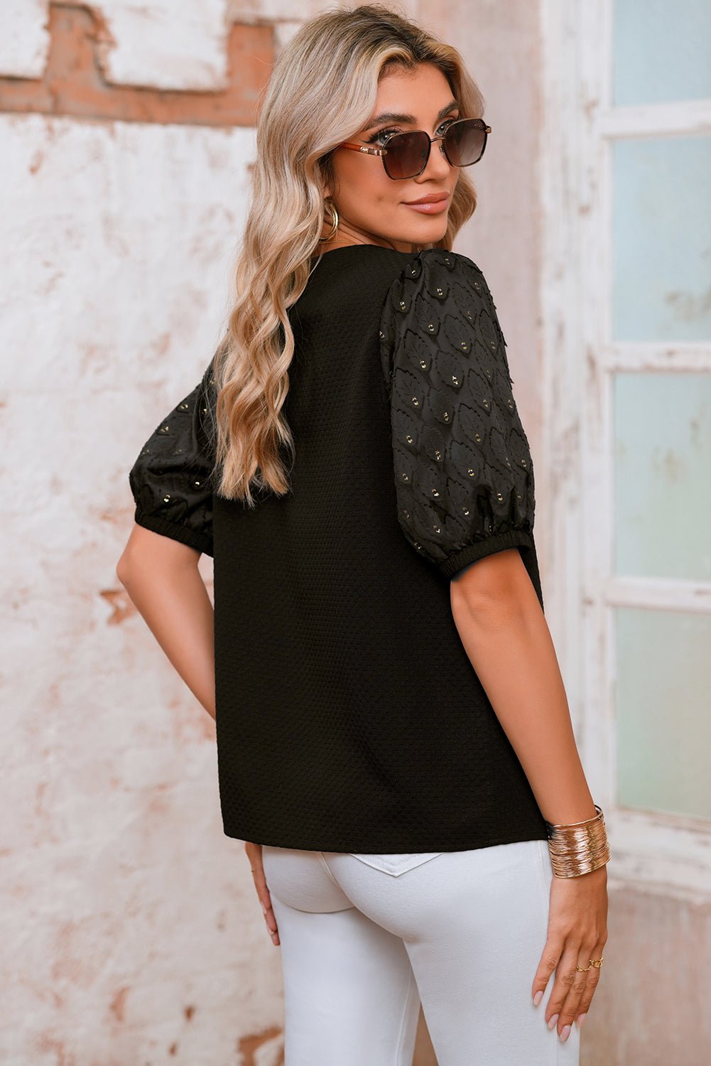 Black Bubble Sleeve Patchwork Textured Top - MAD RUFFI