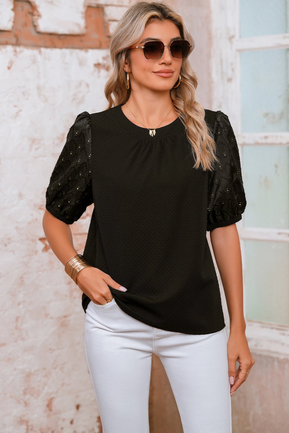 Black Bubble Sleeve Patchwork Textured Top - MAD RUFFI
