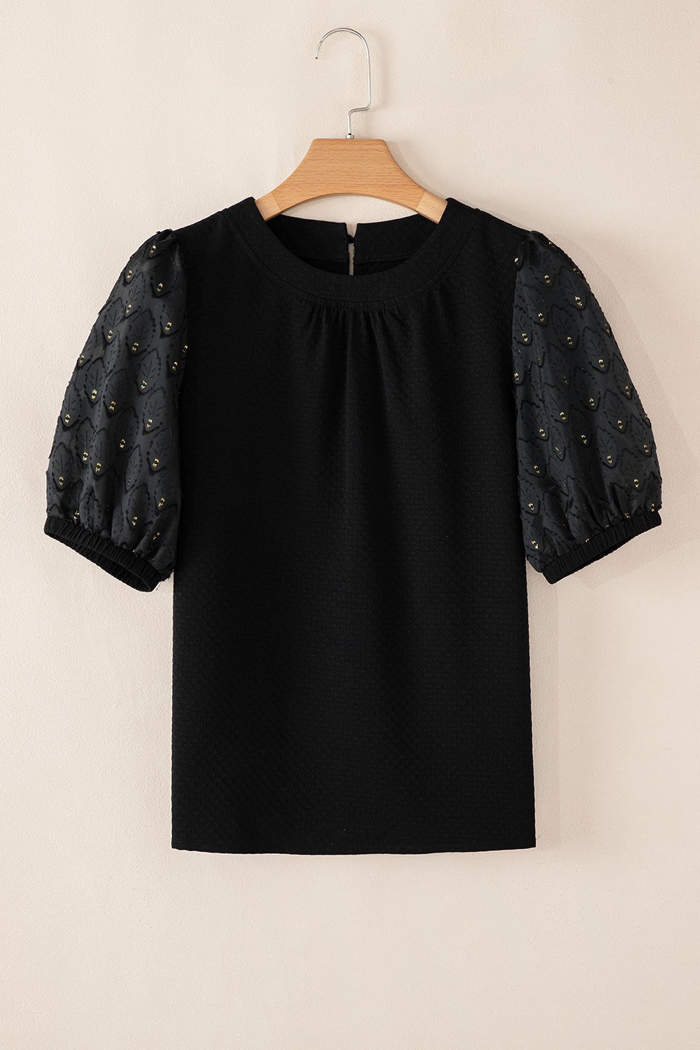 Black Bubble Sleeve Patchwork Textured Top - MAD RUFFI