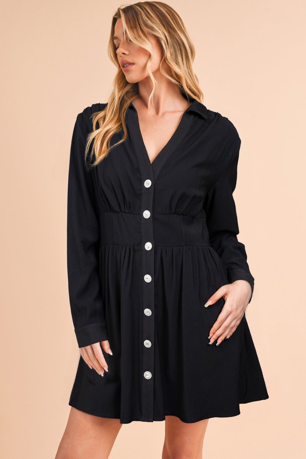 Black Buttoned High Waist Long Sleeve Mini Dress - MAD RUFFI