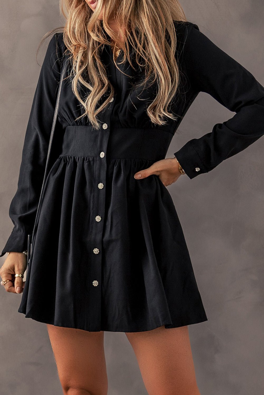 Black Buttoned High Waist Long Sleeve Mini Dress - MAD RUFFI