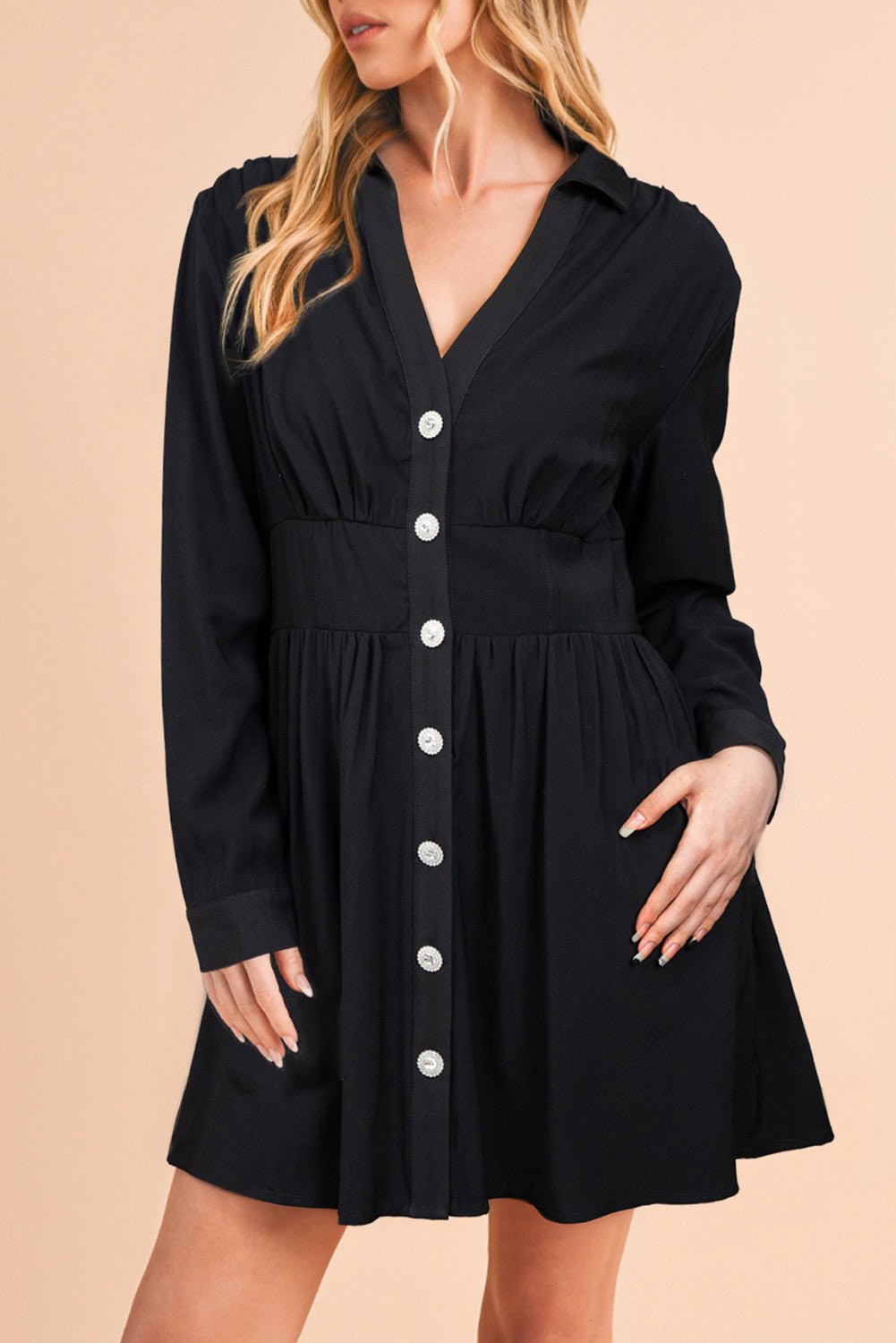 Black Buttoned High Waist Long Sleeve Mini Dress - MAD RUFFI