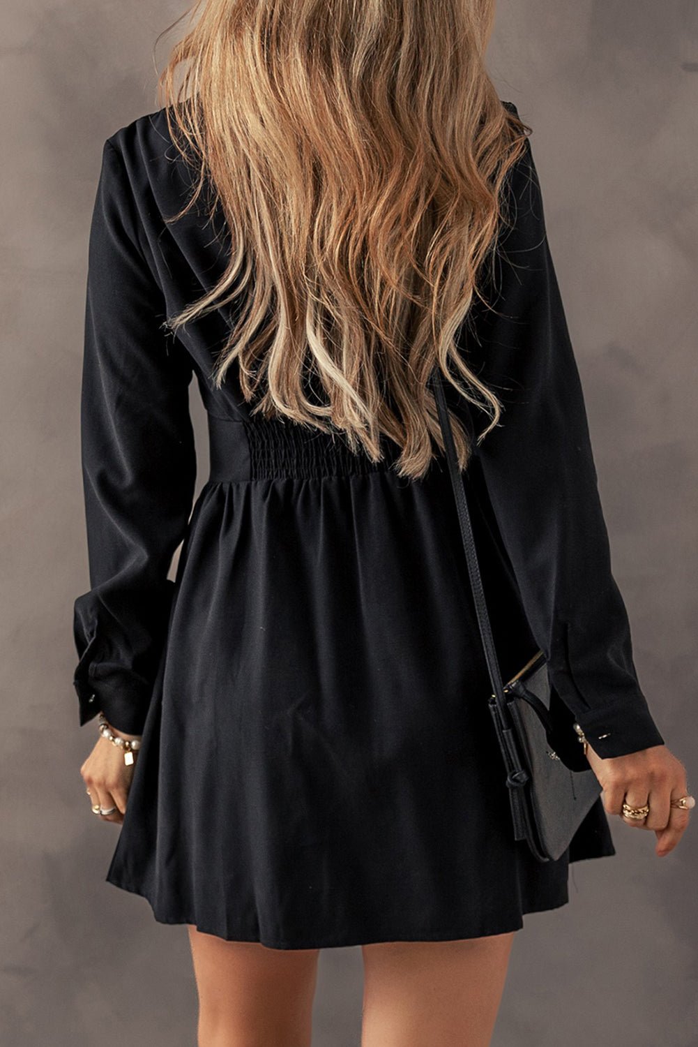 Black Buttoned High Waist Long Sleeve Mini Dress - MAD RUFFI