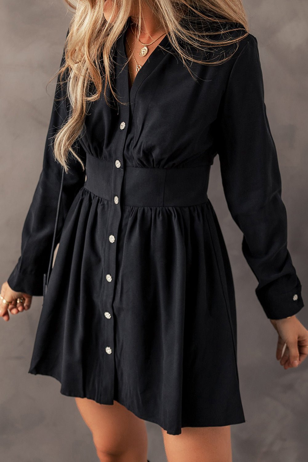 Black Buttoned High Waist Long Sleeve Mini Dress - MAD RUFFI