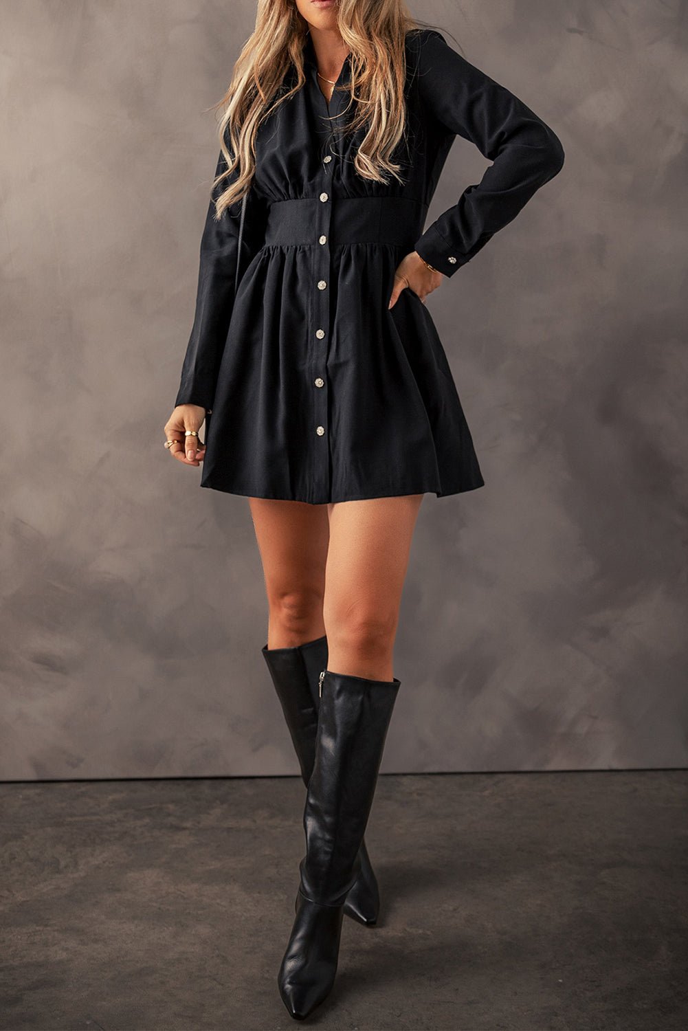 Black Buttoned High Waist Long Sleeve Mini Dress - MAD RUFFI