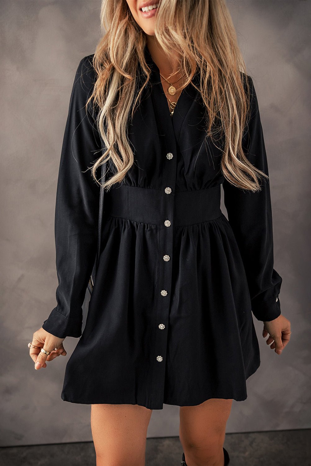 Black Buttoned High Waist Long Sleeve Mini Dress - MAD RUFFI