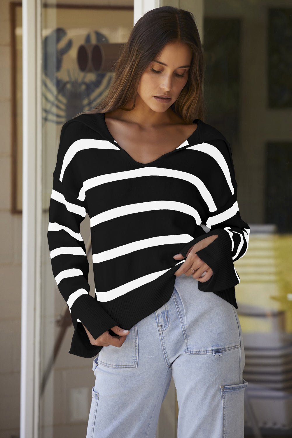 Black Caped V Neck Slit Sleeve Striped/Solid Sweater - MAD RUFFI