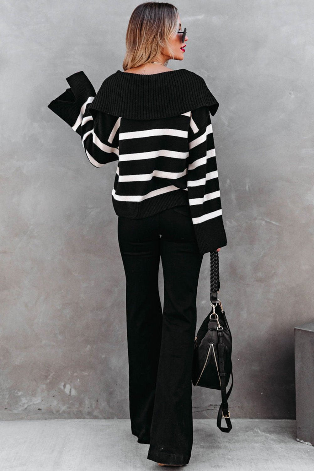 Black Caped V Neck Slit Sleeve Striped/Solid Sweater - MAD RUFFI