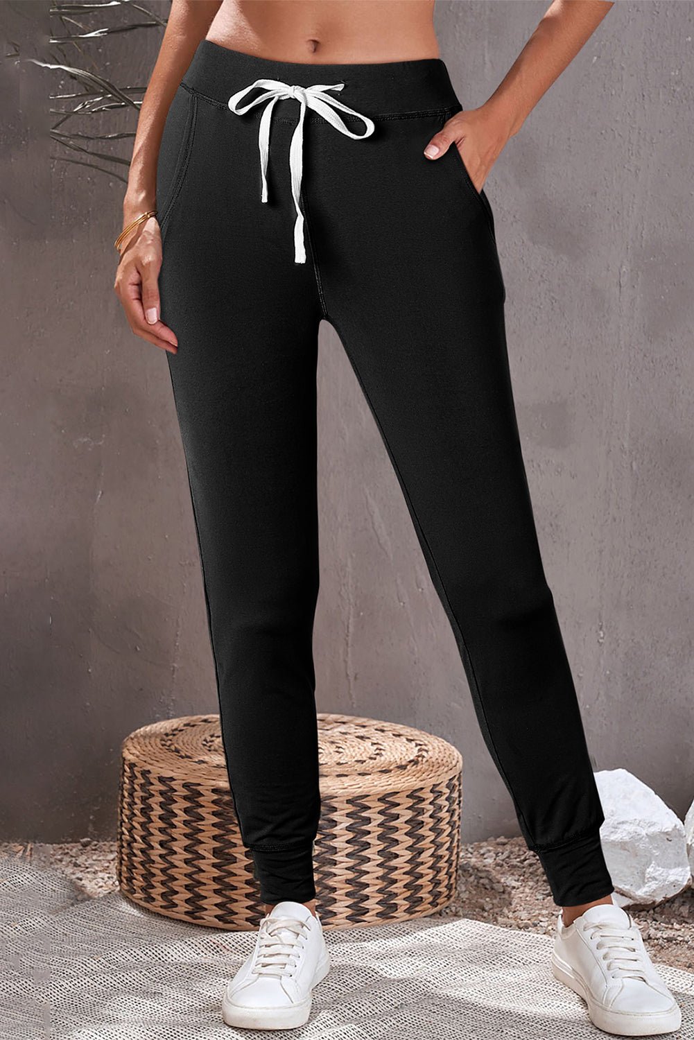 black casual drawstring drop waist pocketed joggers - MAD RUFFI