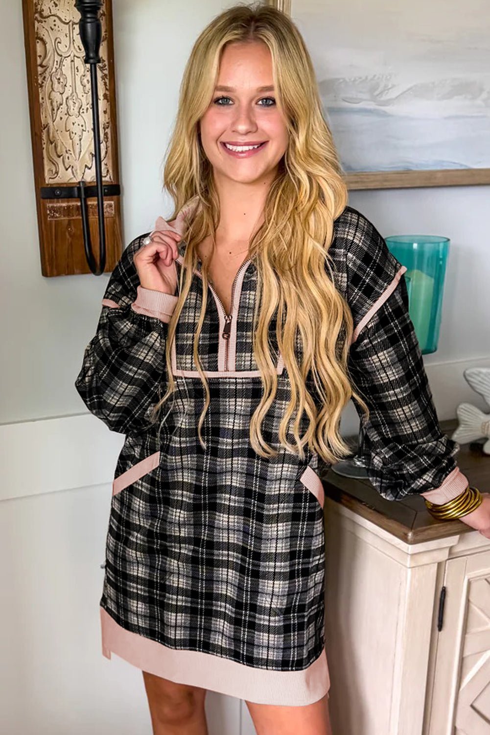 Black Casual Plaid Zipper Long Sleeve Mini Dress - MAD RUFFI