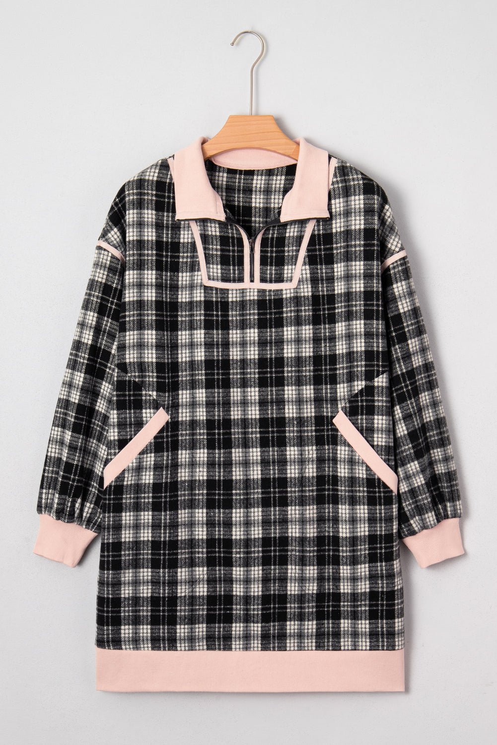 Black Casual Plaid Zipper Long Sleeve Mini Dress - MAD RUFFI