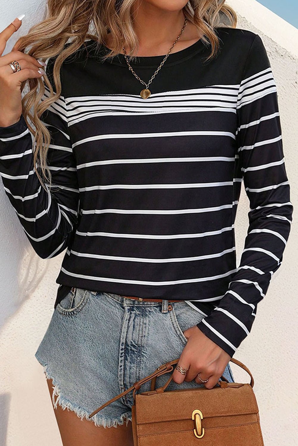 Black Casual Striped Long Sleeve Top - MAD RUFFI