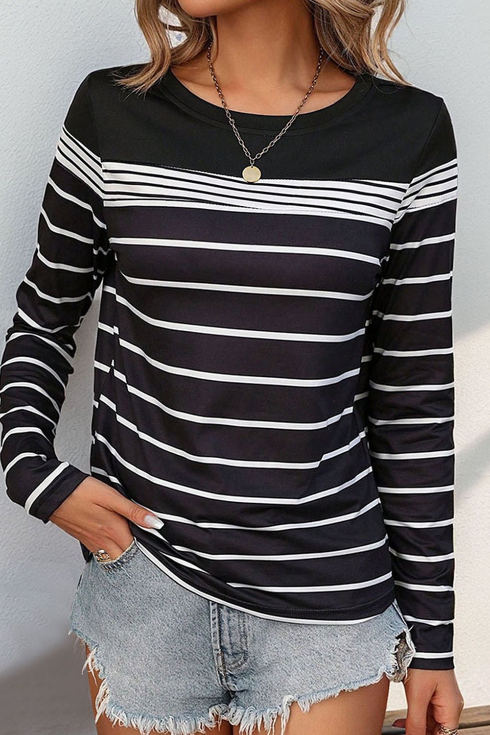 Black Casual Striped Long Sleeve Top - MAD RUFFI