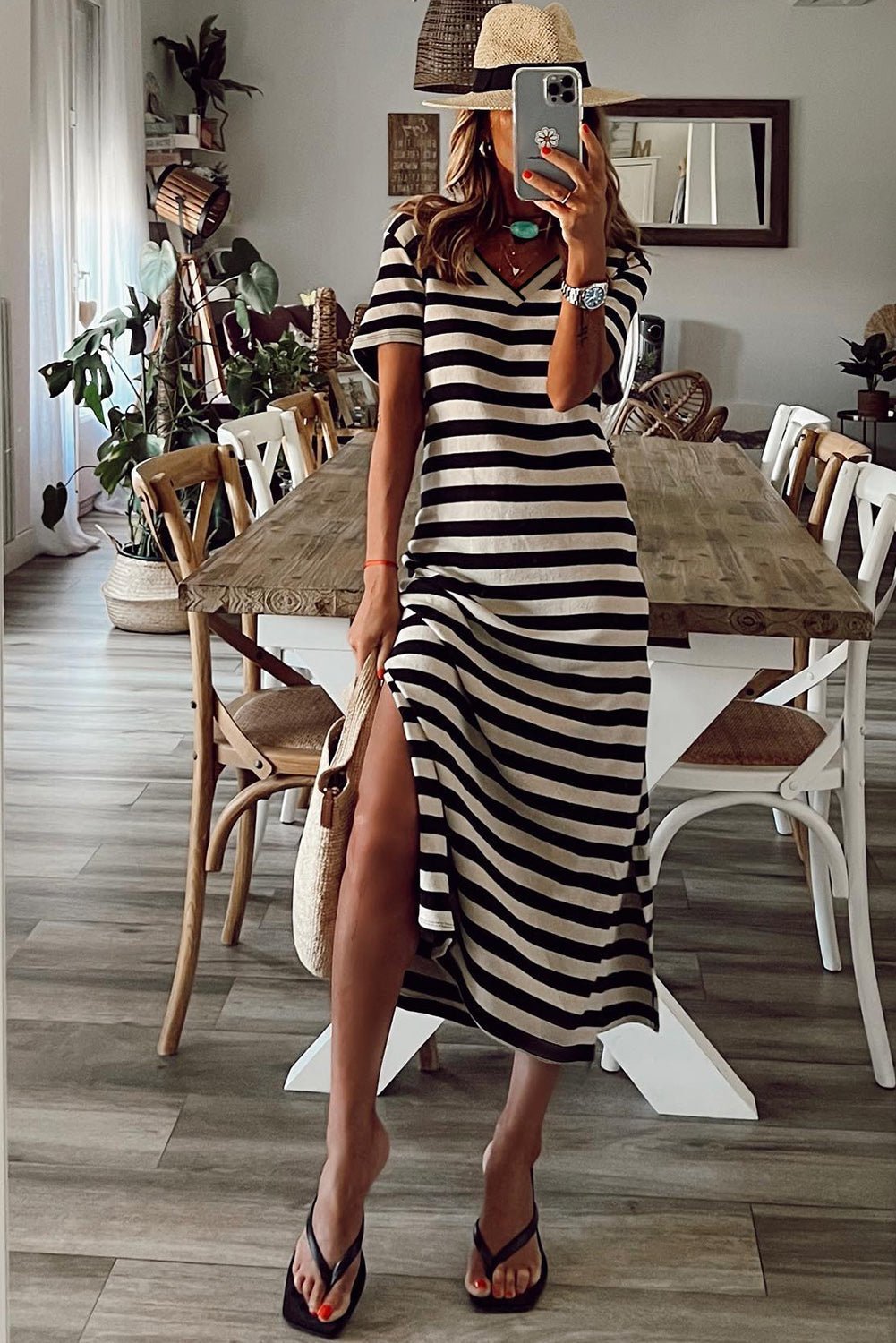 Black Casual Striped Print V Neck Side Split Maxi Dress - MAD RUFFI