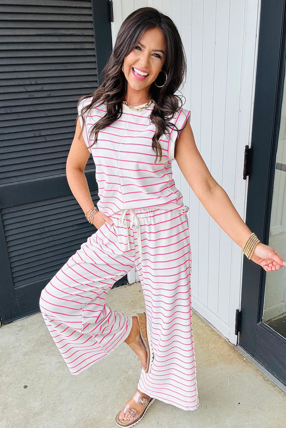 Black Casual Striped Tee and Wide Leg Pants Set - MAD RUFFI