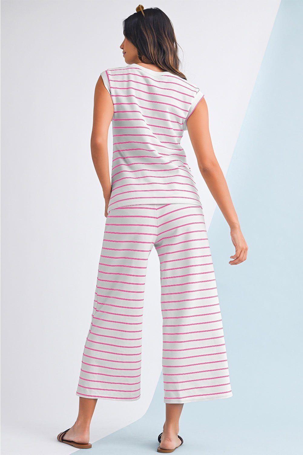 Black Casual Striped Tee and Wide Leg Pants Set - MAD RUFFI