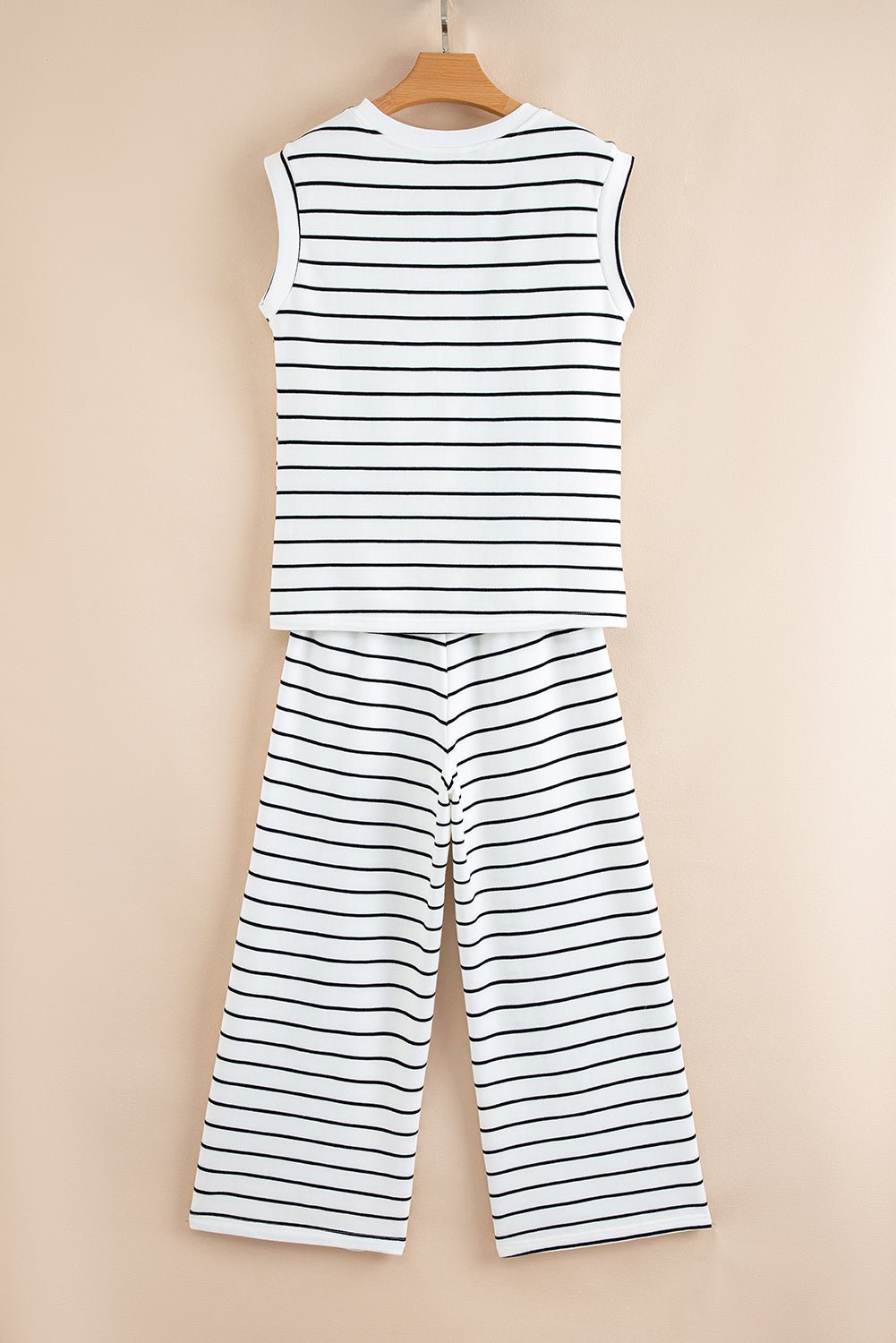 Black Casual Striped Tee and Wide Leg Pants Set - MAD RUFFI