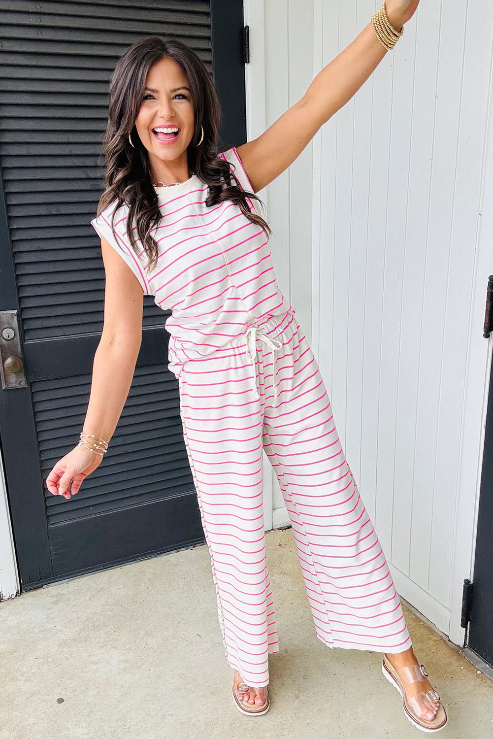 Black Casual Striped Tee and Wide Leg Pants Set - MAD RUFFI