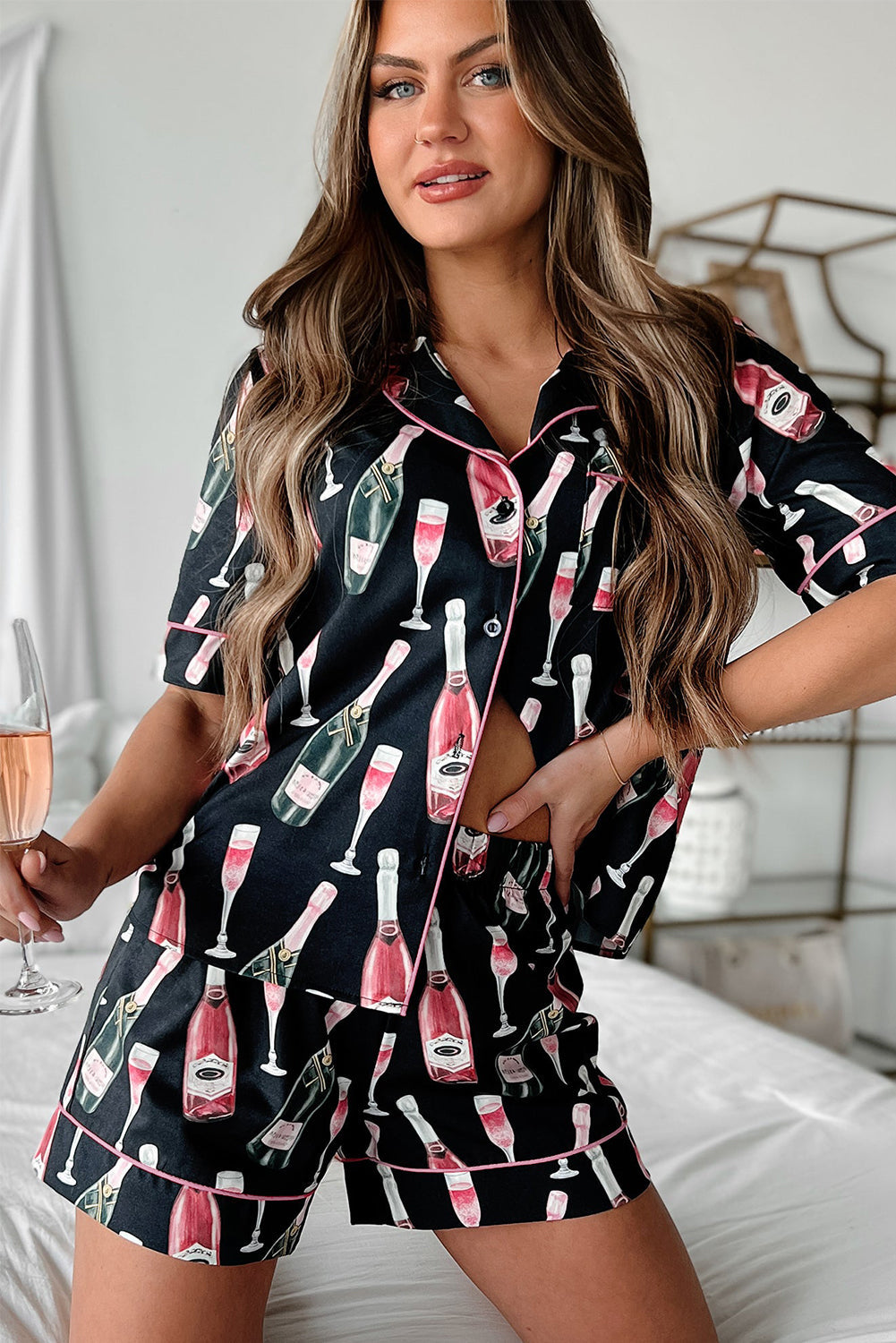 Black Champagne Print Silky Short Sleeve Pajamas Set - MAD RUFFI