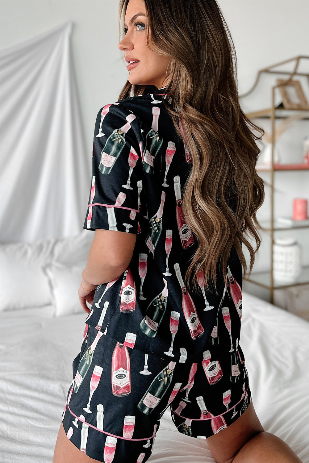 Black Champagne Print Silky Short Sleeve Pajamas Set - MAD RUFFI