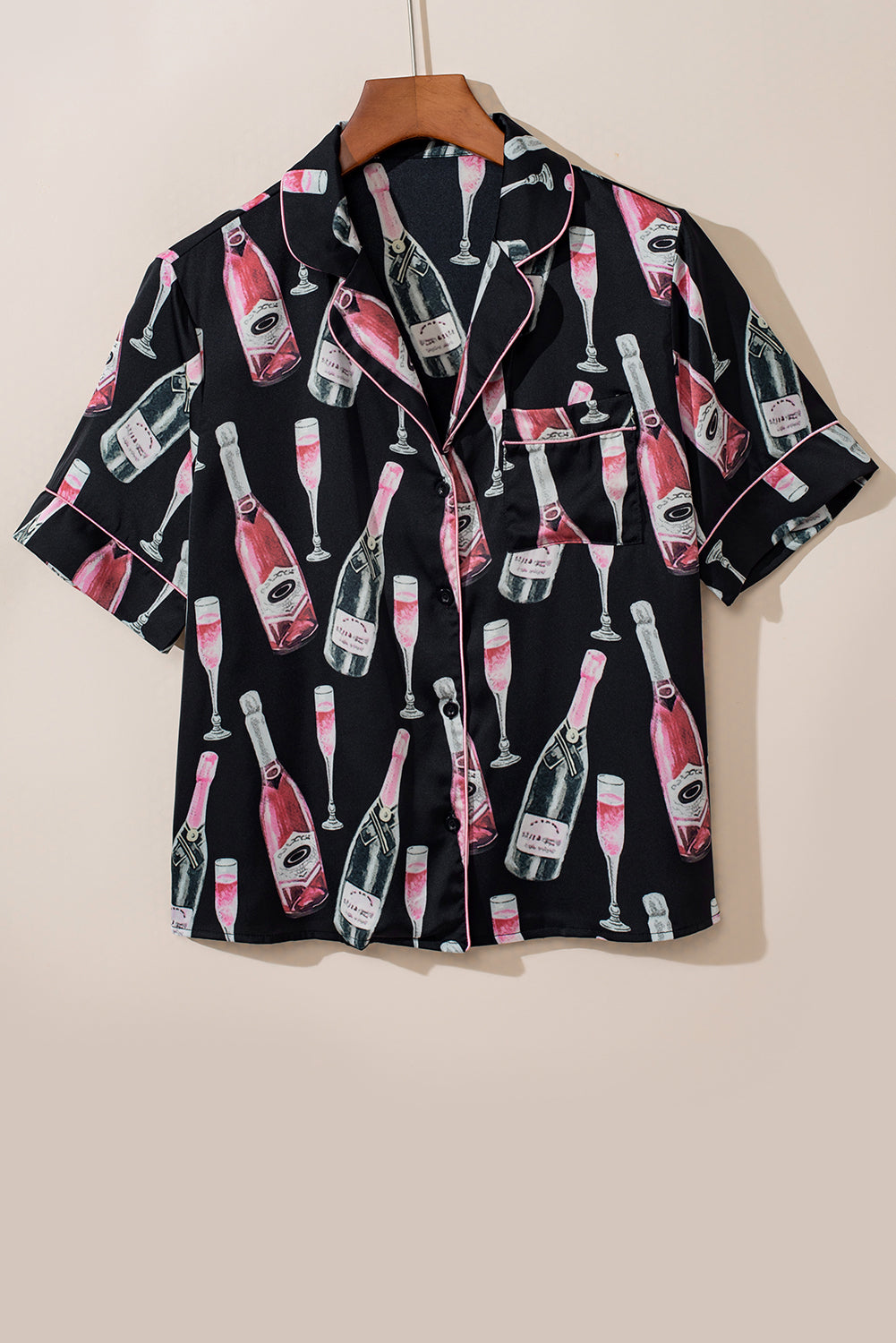 Black Champagne Print Silky Short Sleeve Pajamas Set - MAD RUFFI