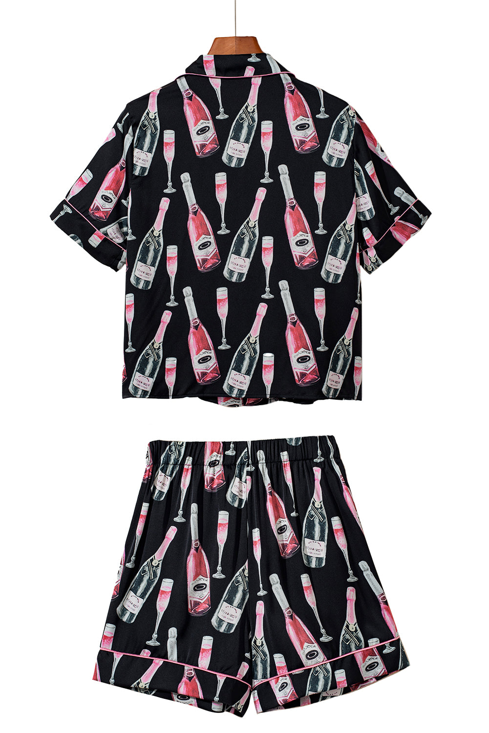 Black Champagne Print Silky Short Sleeve Pajamas Set - MAD RUFFI