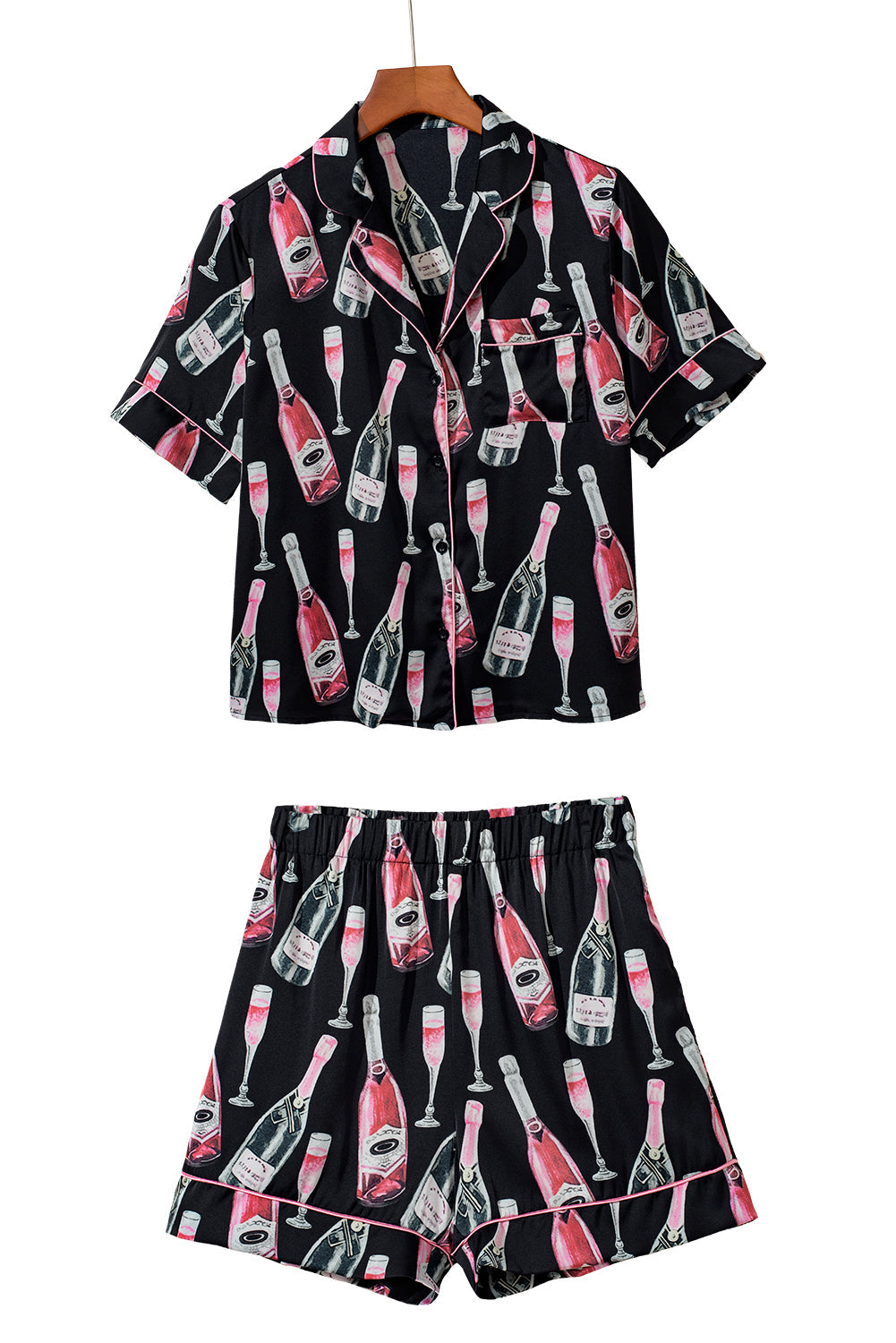 Black Champagne Print Silky Short Sleeve Pajamas Set - MAD RUFFI