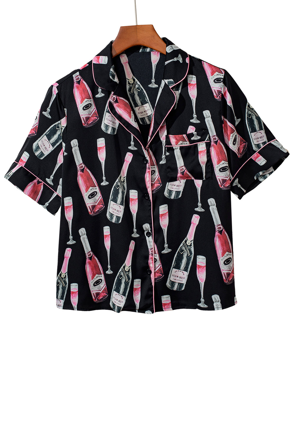 Black Champagne Print Silky Short Sleeve Pajamas Set - MAD RUFFI