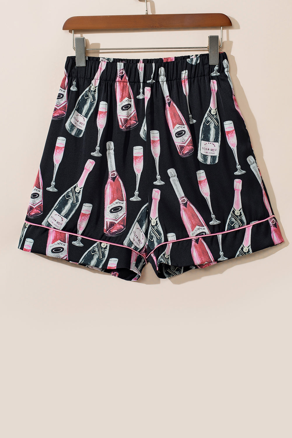 Black Champagne Print Silky Short Sleeve Pajamas Set - MAD RUFFI