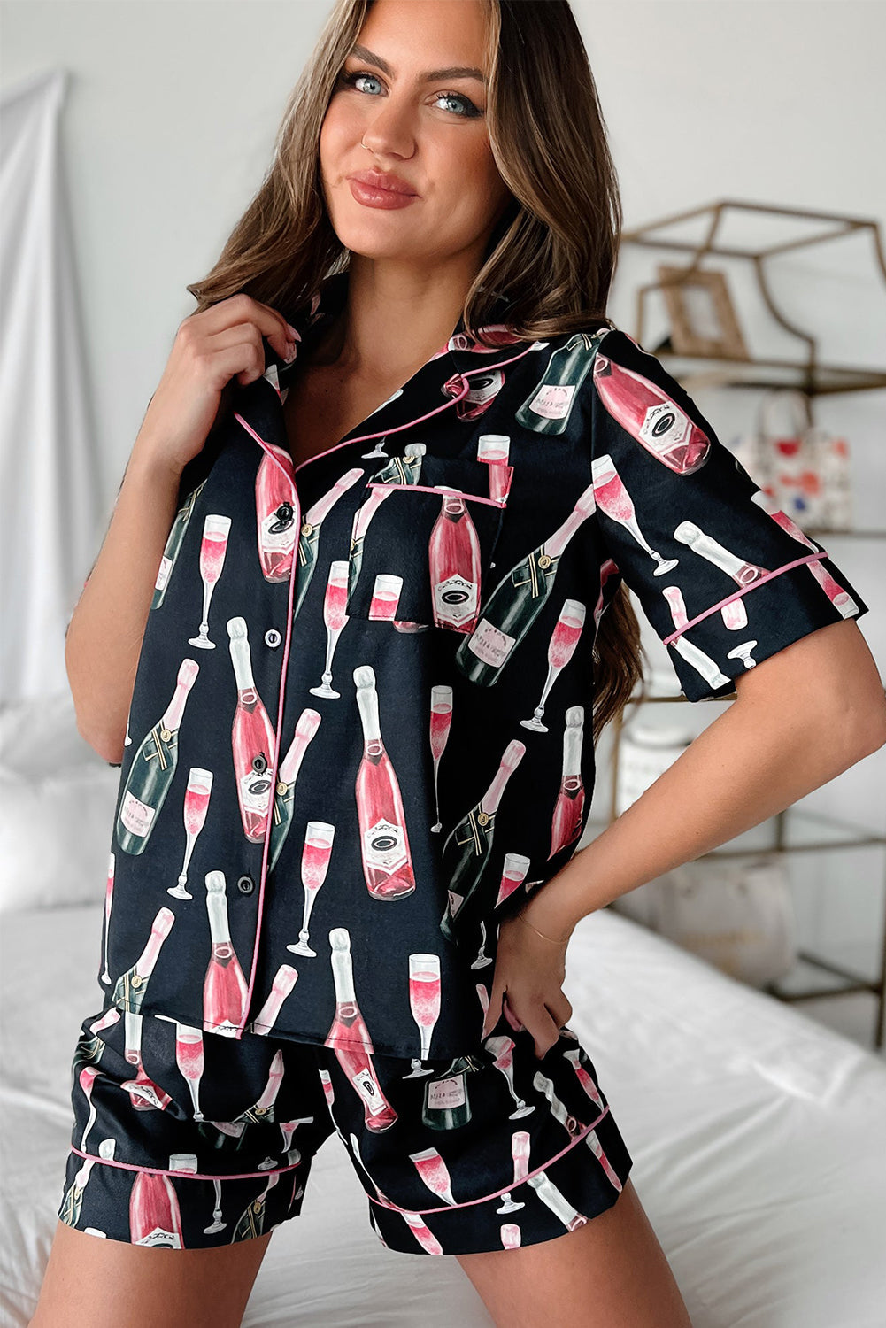 Black Champagne Print Silky Short Sleeve Pajamas Set - MAD RUFFI